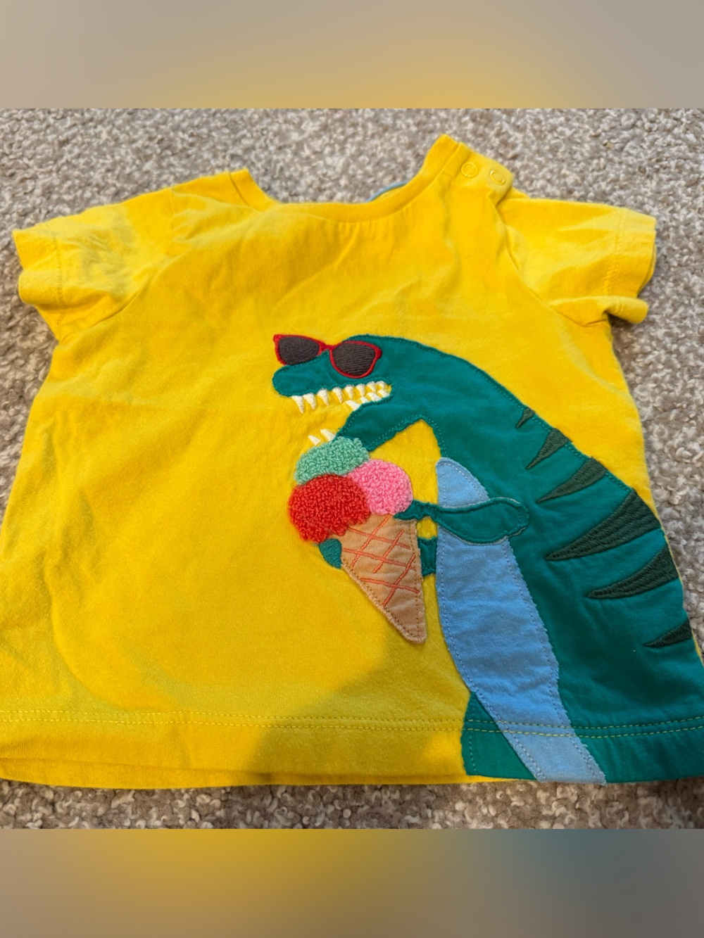 Baby Boden Yellow Tee with Green Dinosaur Ice Cream Appliqué